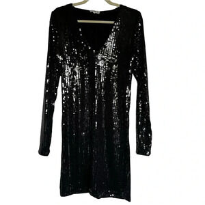 Good American Black Deep V Neck Sequin Dress‎ Size Medium